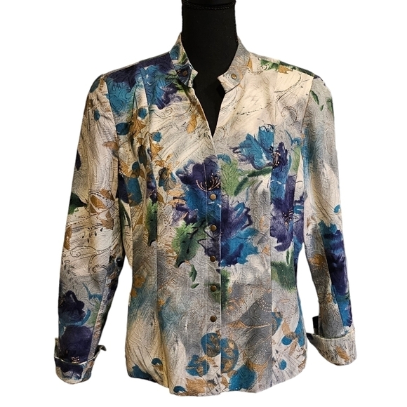 Coldwater Creek Watercolor Paint Floral Snap Up 100% Cotton Shell Jacket Size 14 - Picture 1 of 10